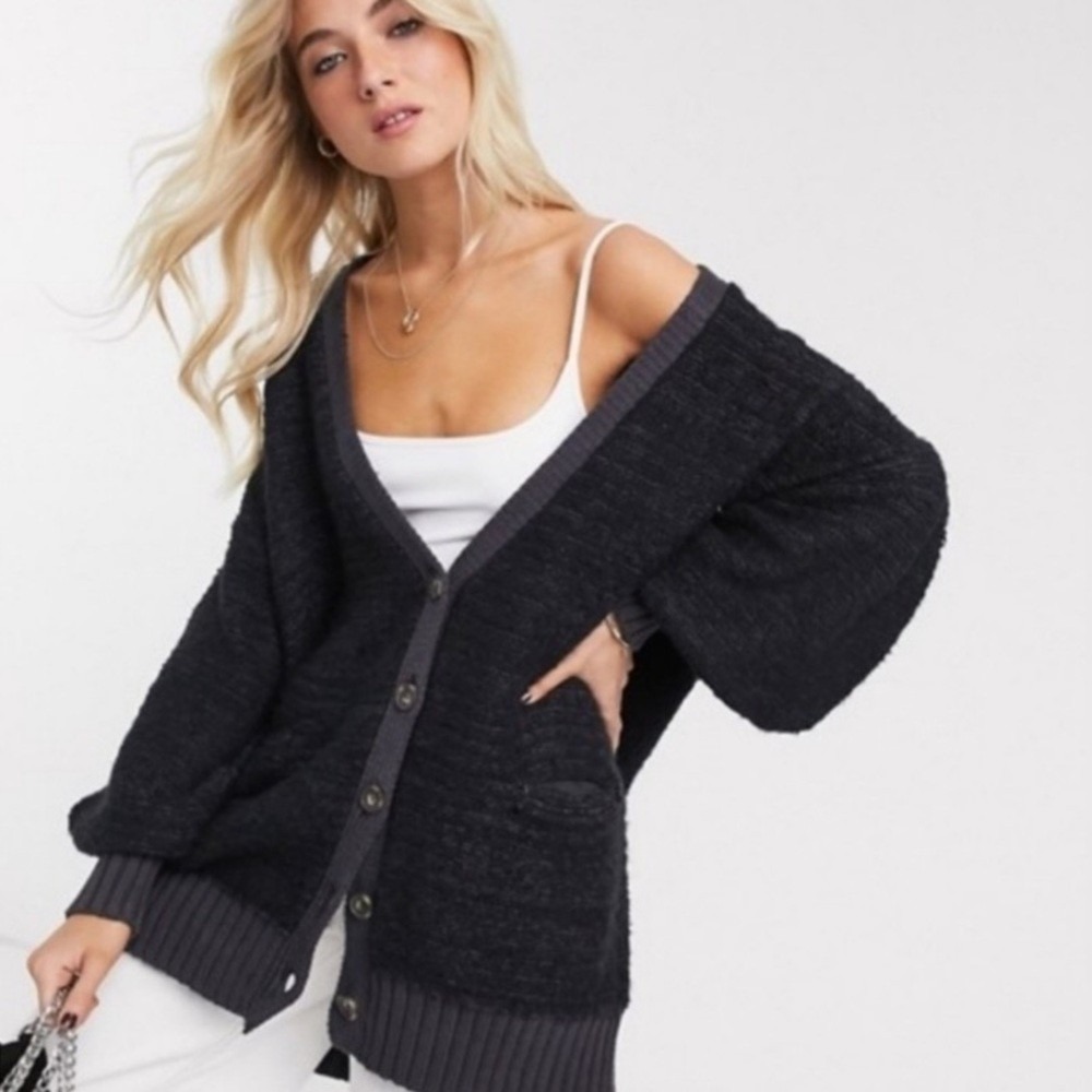 Free People Snow Drop Cardigan Women Size S Black Gray Oversized Knit V-Neck